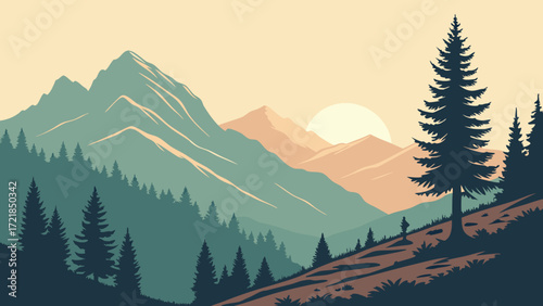 Stunning mountain vista with evergreen forest and warm sunset glow, perfect for travel inspiration and nature lovers, evokes peace and tranquility