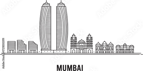Mumbai Skyline Silhouette Outline Vector Illustration with City Name Below for Travel and Tourism