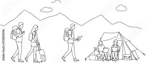 travelers line cad art. Vector illustration of standing walking talking sitting and side view. Symbol for architecture and landscape design drawing. People at picnics or visiting campgrounds, airport 