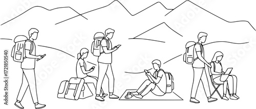 travelers line cad art. Vector illustration of standing walking talking sitting and side view. Symbol for architecture and landscape design drawing. People at picnics or visiting campgrounds, airport 