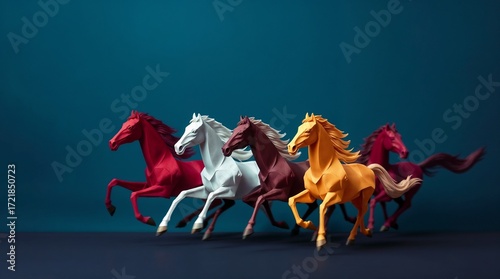 herd of elegant horses in full gallop. Crafted from paper