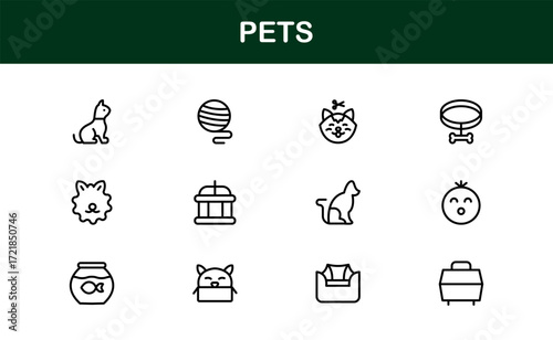 Creative Pets Icons Collection. Flat and linear icons of animals, grooming tools, food, and cages for pet shop branding, veterinary projects, and lifestyle apps.