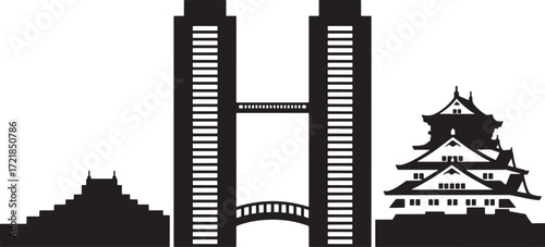 Osaka Cityscape Silhouette Vector Illustration with Modern Buildings and Urban Skyline Design Concept