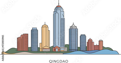 Qingdao Cityscape Outline Vector Illustration with Modern Buildings and Urban Skyline Design Concept