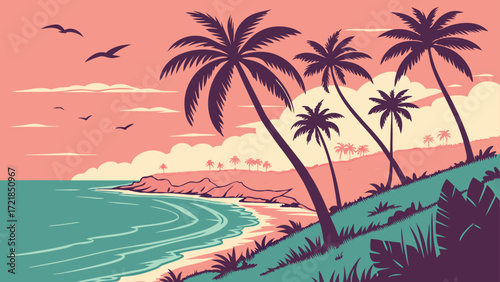 Dreamy tropical beach escape with swaying palms and turquoise water, perfect for travel blogs and summer promotions with a relaxing coastal vibe