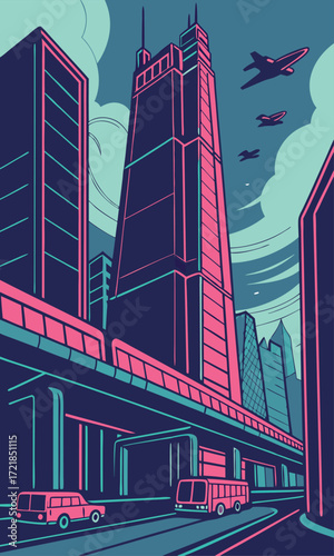 Vibrant cityscape illustration of urban transit and modern architecture, conveying a dynamic and lively urban environment perfect for travel or design projects