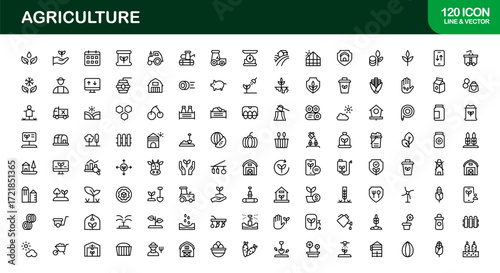 Agriculture Icons Pack. Minimal and flat icons of seeds, barns, tractors, and farming tools for agricultural, farming, and rural design projects.