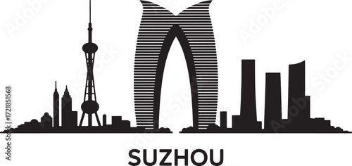 Suzhou Skyline Silhouette Vector Illustration Depicting Cityscape with Modern Architecture and Landmarks