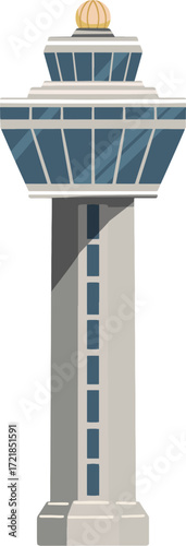 An airport control tower with a domed roof and large windows