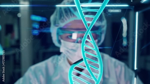 Futuristic laboratory scene showcasing a glowing DNA helix in a high-tech environment, illustrating scientific exploration and innovation in genetic research and biotechnology