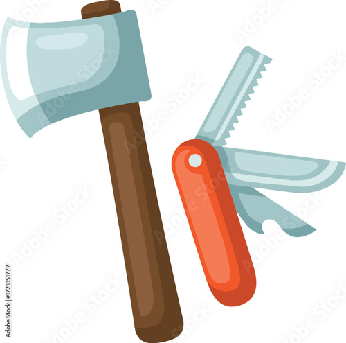 An axe and a multitool with opened blades on a white background