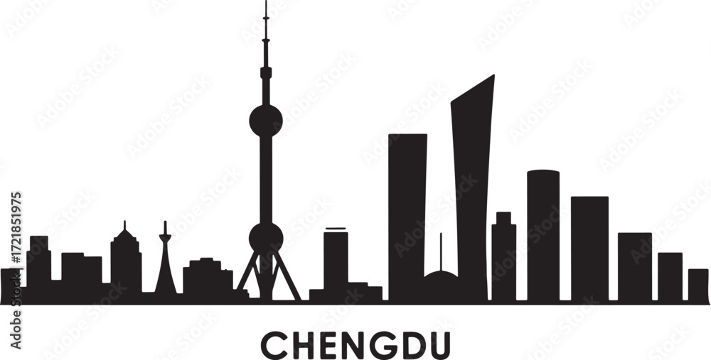 Fototapeta premium Chengdu Skyline Silhouette Vector Illustration China City Landmark Architecture Outline Design Travel