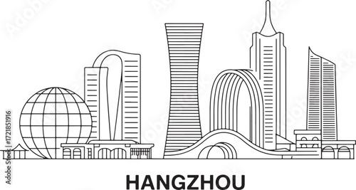 Hangzhou Cityscape Outline Vector Illustration A Detailed Skyline Depiction of Urban Architecture