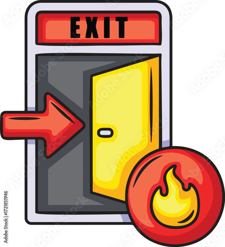 An emergency exit door with an open yellow door a red arrow and a fire symbol