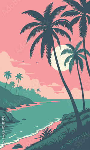 Dreamy tropical sunset with pixelated palm trees swaying gently near the ocean, evoking a sense of calm and escape for vacationers and wanderlust seekers
