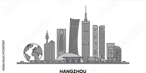 Hangzhou Cityscape Outline Vector Illustration A Detailed Skyline Depiction of Urban Architecture