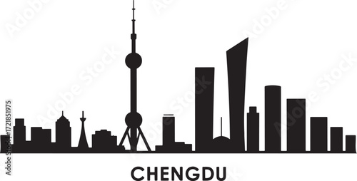 Chengdu Skyline Silhouette Vector Illustration China City Landmark Architecture Outline Design Travel