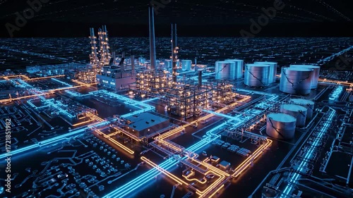 Futuristic industrial landscape with glowing circuitry and illuminated factory structures, showcasing advanced technology and energy flow in a seamless motion sequence