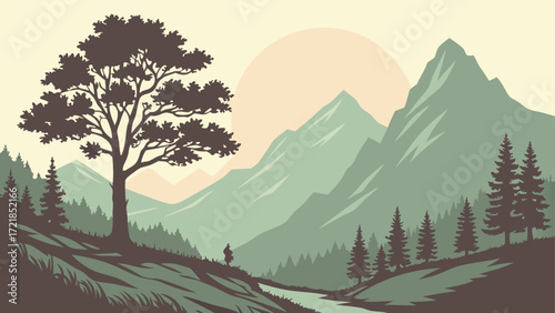 Stunning mountain landscape with lone hiker beneath majestic trees, peaceful outdoor scene, ideal for adventure travel and nature inspiration, vector design