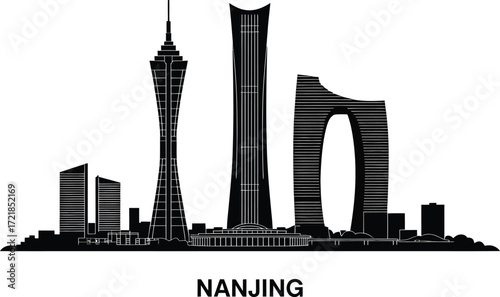 Nanjing Skyline Silhouette Vector Illustration China City Landmark Architecture Outline Design Travel