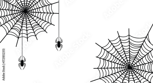 Spooky spiderwebs with dangling spiders on a crisp white background