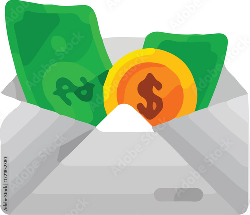 An open gray envelope with green dollar bills and a gold coin