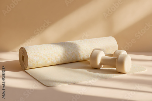 fitness equipment eco-friendly, minimalist studio with soft lighting, natural shadows, beige yoga mat, and dumbbells on the floor in high-res