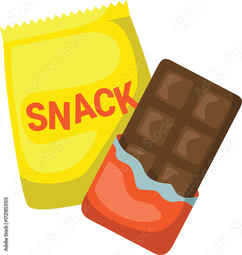A yellow snack bag with the word SNACK in orange next to a chocolate bar in orange and blue wrapper
