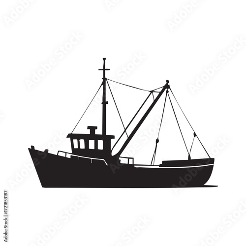 Silhouette of a Fishing Boat Sailing on the Open Sea Represents the Hard Work and Dedication of Fishermen