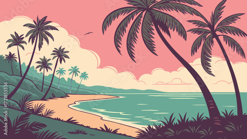 Escape to Paradise: Tropical beach with palm trees swaying gently in the breeze, idyllic island getaway, vector art, warm sunny vibes for vacation dreams