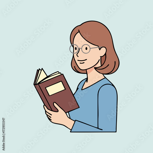 Young woman reading a book with glasses in a casual setting illustration