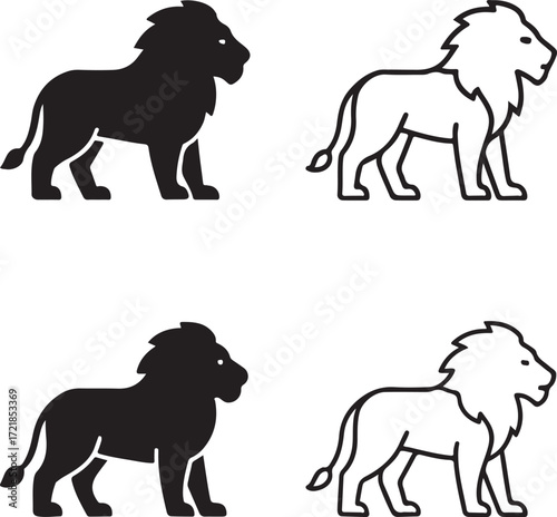 Lion icon set, savannah predator silhouette, wild animal symbol, lion minimal vector, line outline, filled black vector, thin stroke modern, isolated professional icon pack