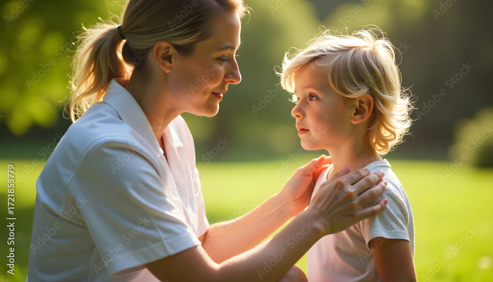 Fototapeta premium Caring woman and child in serene outdoor setting, sharing moment of connection