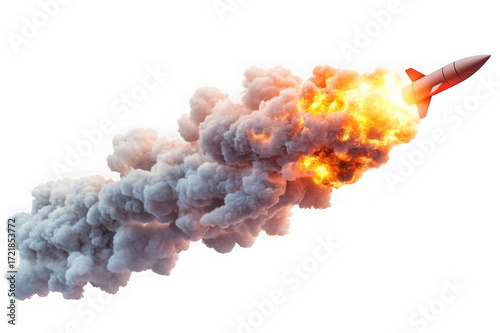 Rocket launch with bright orange fire and white smoke trail isolated on a transparent background explosion