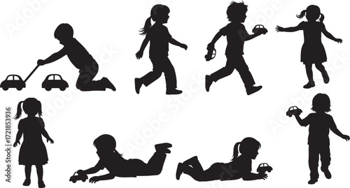 Children, playing, toy, cars, silhouette, kids, activity, movement, fun, childhood, interaction, pose, black, vector, illustration, kneeling, running, standing, lying, pushing