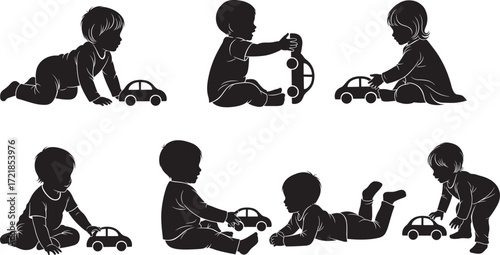 Children, playing, toy, cars, silhouette, kids, activity, movement, fun, childhood, interaction, pose, black, vector, illustration, kneeling, running, standing, lying, pushing
