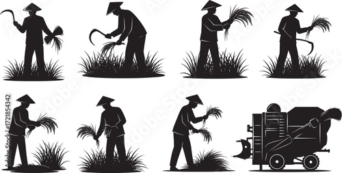 Silhouette illustration of traditional farmers harvesting rice in field, agricultural workers with sickle, carrying crops, farming culture, rural village lifestyle, agriculture