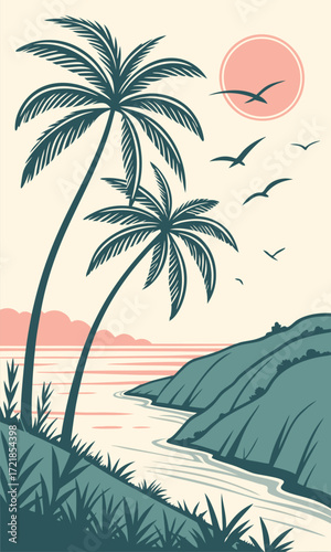 Serene tropical escape with swaying palms and a calming sunset, perfect for vacation vibes and relaxing getaways in a paradise setting
