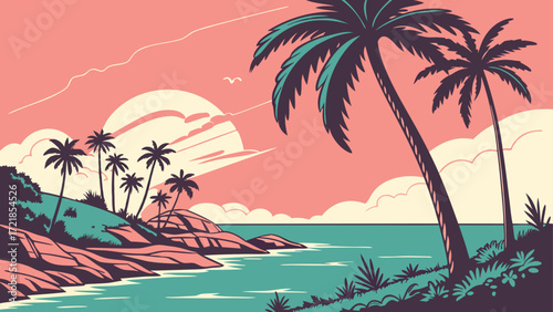Serene tropical beach escape with swaying palm trees and a calming ocean view, ideal for vacation promos and travel blogs, a summertime paradise scene