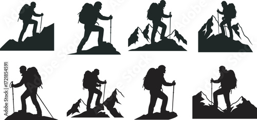 Silhouette of hikers with backpack climbing mountain, trekking adventure, outdoor exploration, camping journey, nature travel lifestyle, wilderness exploration, mountaineering sport illustration