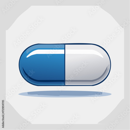 Illustrated depiction of a blue and white capsule medicine with shadow on a white background