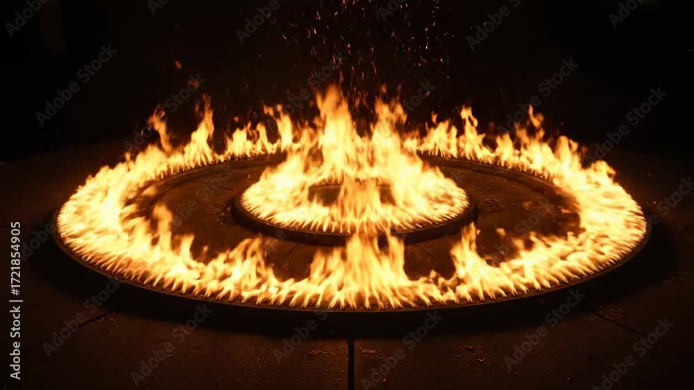 Concentric Rings of Fire Burning at Night - A mesmerizing view of two ...