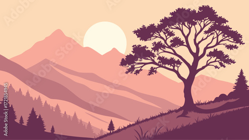 Stunning mountain landscape with a single tree, evoking peace and tranquility, perfect for nature lovers, travel blogs, and serene backgrounds