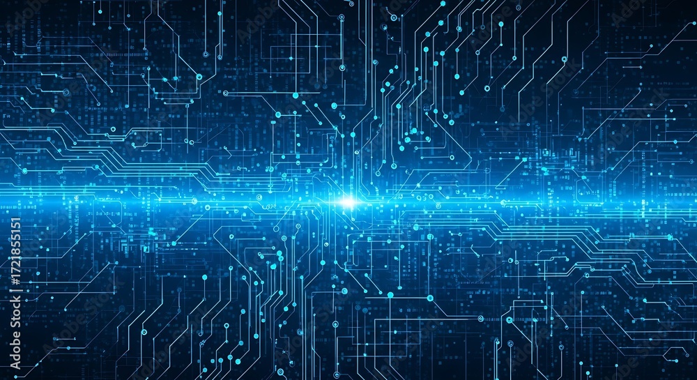 Obraz premium Digital circuit board with glowing blue light, representing advanced technology and data flow.