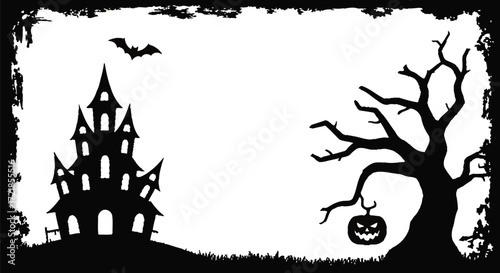 Spooky silhouette of a haunted house and bare tree with a jack-o'-lantern against a white background.