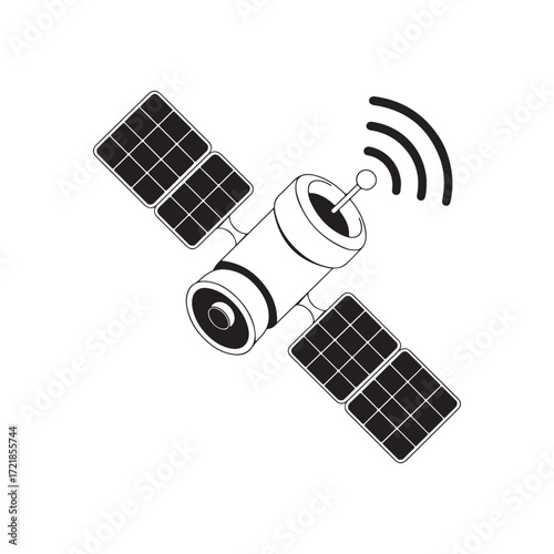 Vector art of satellite with solar panels and signal waves silhouette