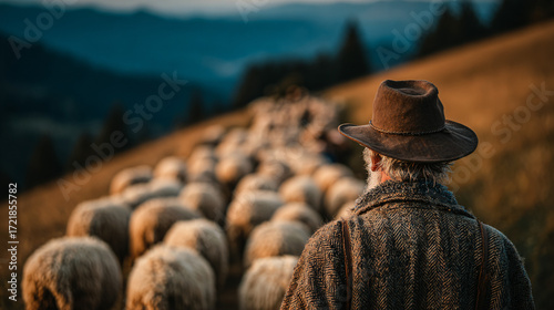 Shepherd walking at the front of a large flock of sheep during the Transhumance Festival, wearing traditional clothing. Background of rolling green hills and the Pyrenees mountains.