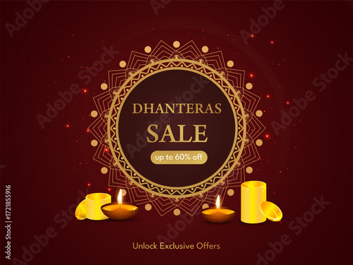 Happy Dhanteras Indian Festival Diwali biggest gold sale banner, poster and web header design vector illustration.