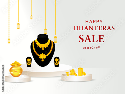 Happy Dhanteras Indian Festival Diwali biggest gold sale pedestal podium banner, poster and web header design vector illustration.