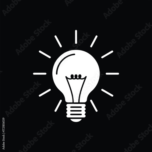 Vector art of bright light bulb with radiating lines, symbolizing idea and innovation silhouette